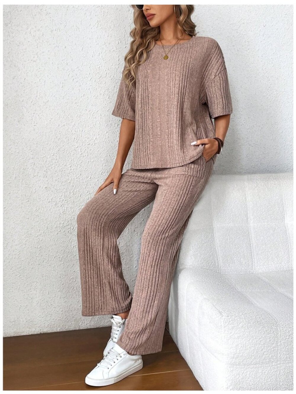 Apricot Ribbed Lounge Set Wide Leg Pants Size Large - Picture 4 of 7